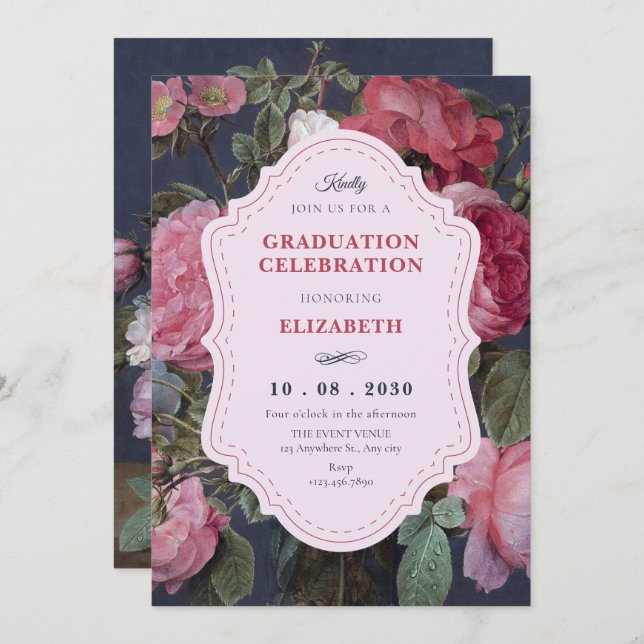 Vintage flower bouquet art graduation invitation (Front/Back)