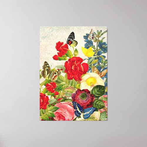 Vintage Flower Bouquet Butterflies Wrapped Canvas