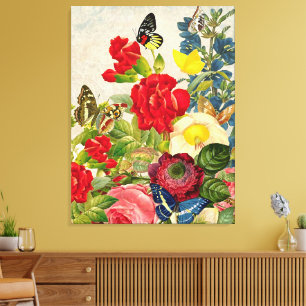 Vintage Flower Bouquet Butterflies Wrapped Canvas Print