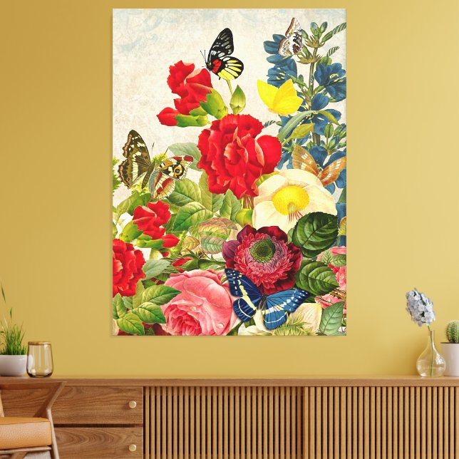 Vintage Flower Bouquet Butterflies Wrapped Canvas Print (Insitu(LivingRoom))