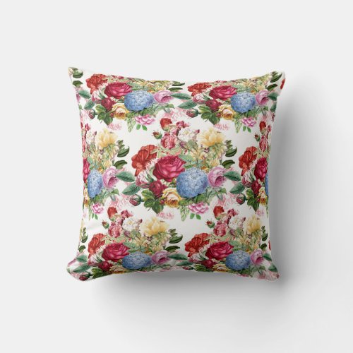 Vintage Flower Bouquet Floral on White Throw Pillow