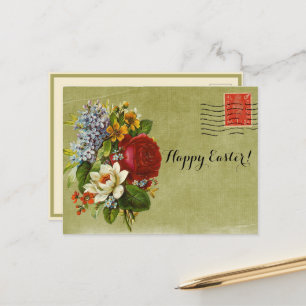 Vintage Flower Bouquet Green Mail with Red Stamp Holiday Postcard