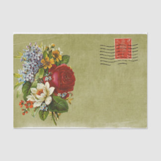Vintage Flower Bouquet Green Mail with Red Stamp Tissue Paper