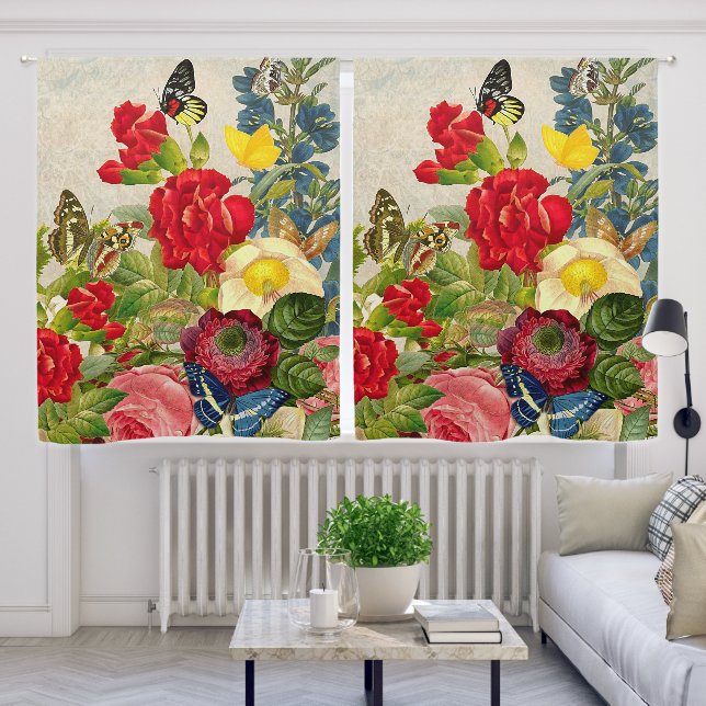 Vintage Flower Bouquet with Butterflies Blackout Curtains (Living Room)