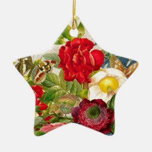 Vintage Flower Bouquet with Butterflies Ceramic Ornament