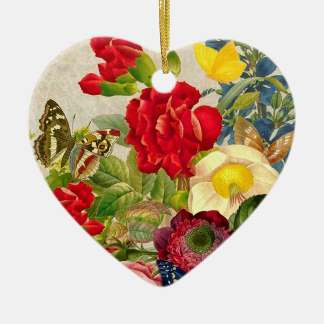 Vintage Flower Bouquet with Butterflies Ceramic Ornament (Front)