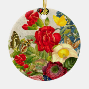 Vintage Flower Bouquet with Butterflies Ceramic Ornament