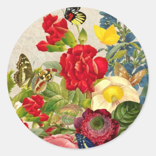 Vintage Flower Bouquet with Butterflies Classic Round Sticker
