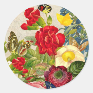 Vintage Flower Bouquet with Butterflies Classic Round Sticker