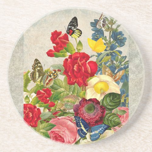 Vintage Flower Bouquet with Butterflies Coaster