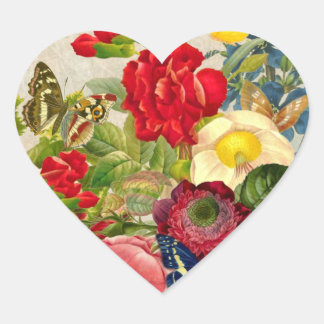 Vintage Flower Bouquet with Butterflies Heart Sticker