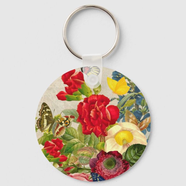 Vintage Flower Bouquet with Butterflies Keychain (Front)