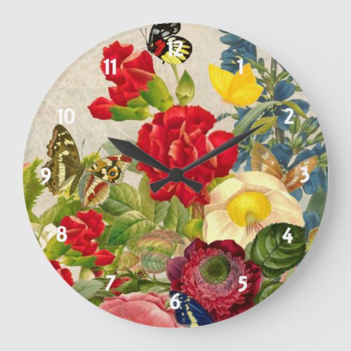 Vintage Flower Bouquet with Butterflies Large Clock