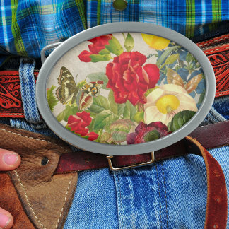 Vintage Flower Bouquet with Butterflies Oval Belt Buckle