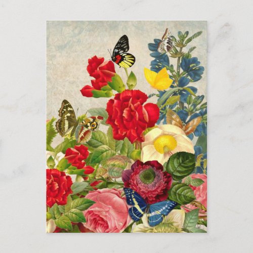 Vintage Flower Bouquet with Butterflies Postcard