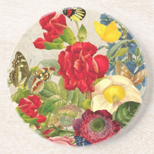 Vintage Flower Bouquet with Butterflies Sandstone Coaster