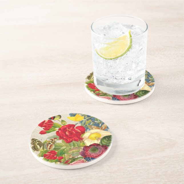 Vintage Flower Bouquet with Butterflies Sandstone Coaster (Side)