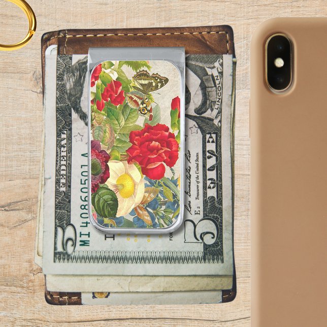 Vintage Flower Bouquet with Butterflies Silver Finish Money Clip (Vintage Flower Bouquet with Butterflies Silver Finish Money Clip)