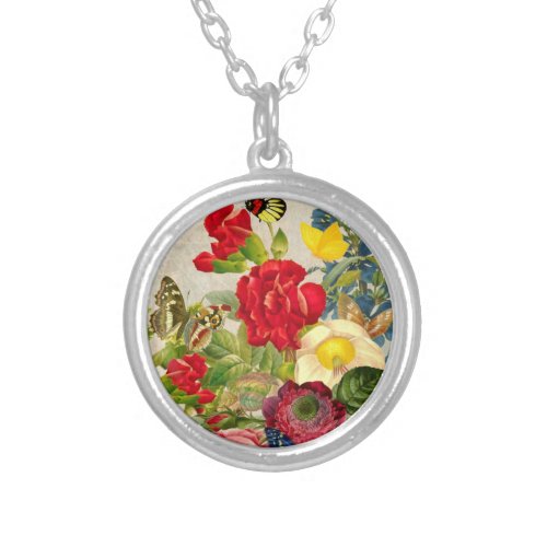 Vintage Flower Bouquet with Butterflies Silver Plated Necklace