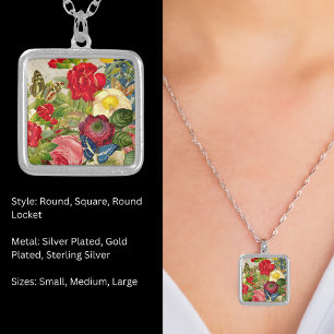 Vintage Flower Bouquet with Butterflies Silver Plated Necklace