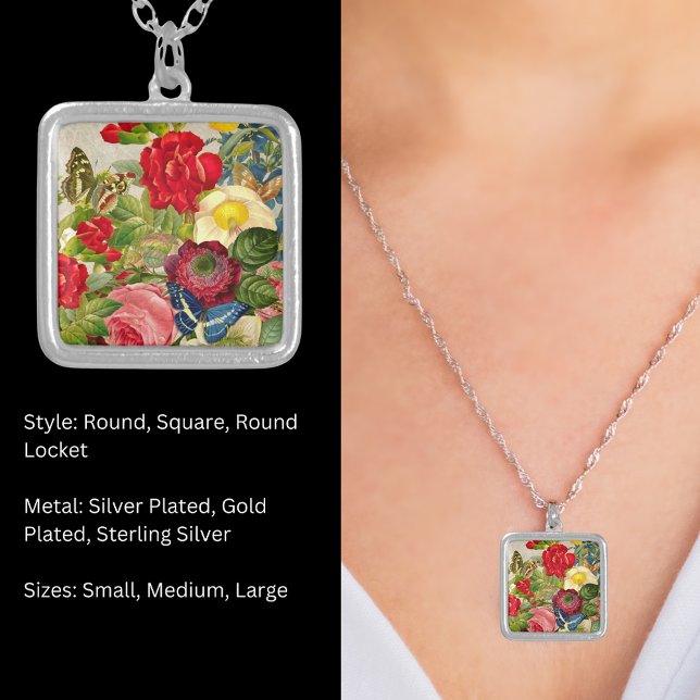 Vintage Flower Bouquet with Butterflies Silver Plated Necklace (Vintage Flower Bouquet with Butterflies Silver Plated Necklace)