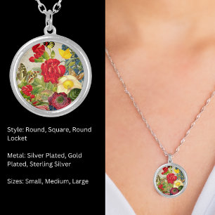 Vintage Flower Bouquet with Butterflies Silver Plated Necklace