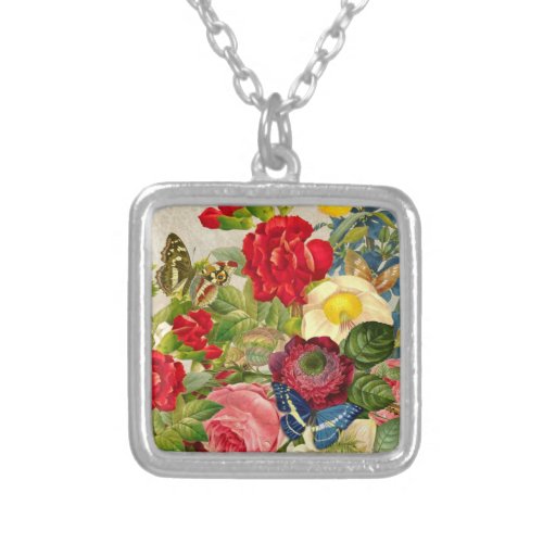 Vintage Flower Bouquet with Butterflies Silver Plated Necklace
