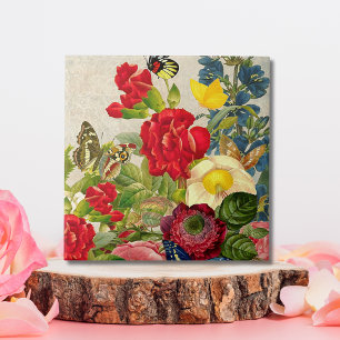 Vintage Flower Bouquet with Butterflies Small Ceramic Tile