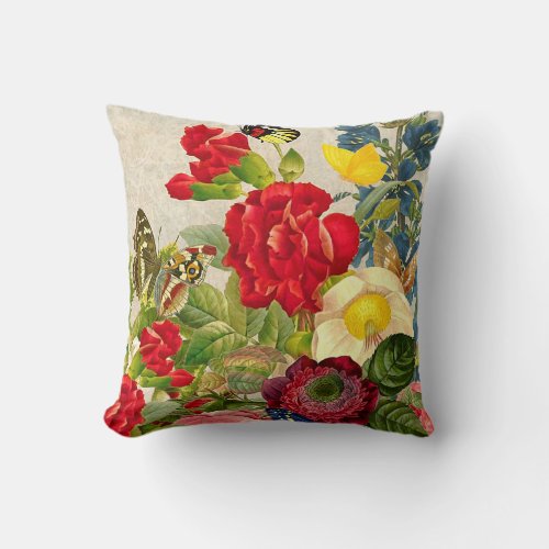 Vintage Flower Bouquet with Butterflies Throw Pillow