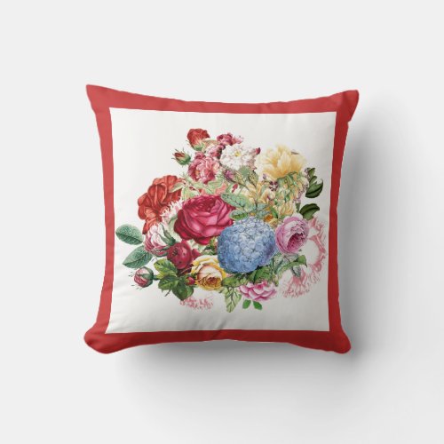Vintage Flower Bouquet with Red Border Throw Pillow