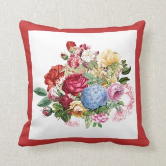 Vintage Flower Bouquet with Red Border Throw Pillow