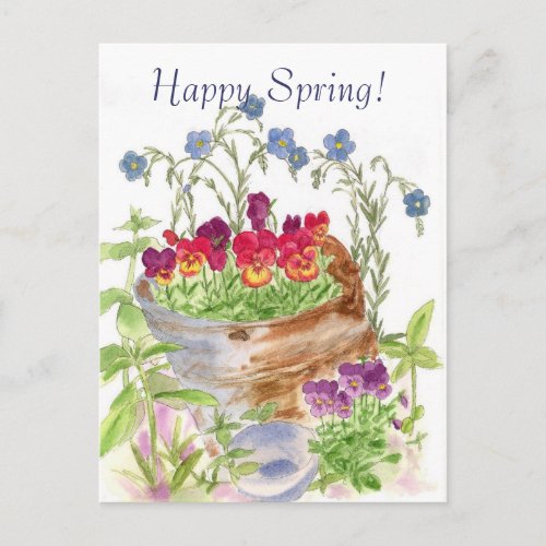 Vintage Flower Bucket Bouquet Happy Spring Postcard