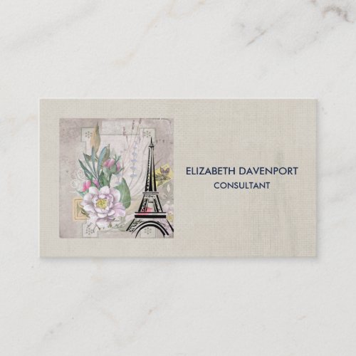Vintage Flower Collage and Eiffel Tower Drawing Business Card