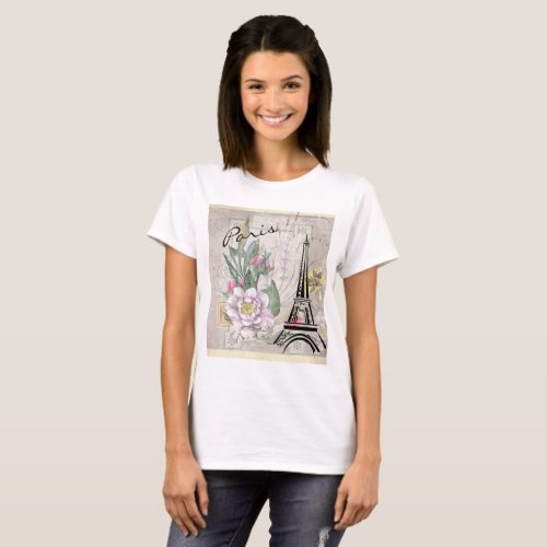 Vintage Flower Collage and Eiffel Tower Drawing T_Shirt