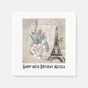 Vintage Flower Collage & Eiffel Tower Birthday Napkins