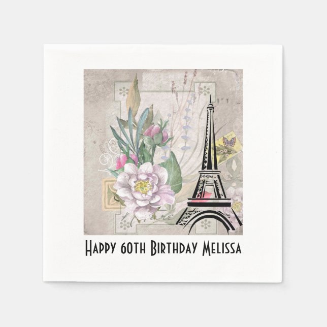Vintage Flower Collage & Eiffel Tower Birthday Napkins (Front)