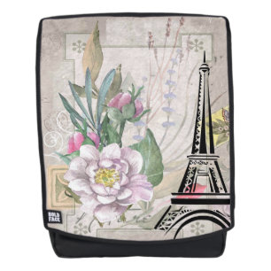 Vintage Flower Collage & Eiffel Tower Illustration Backpack