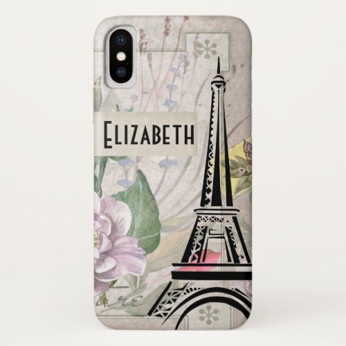 Vintage Flower Collage  Eiffel Tower Illustration iPhone X Case