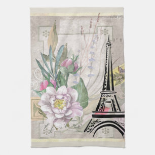 Vintage Flower Collage & Eiffel Tower Illustration Kitchen Towel