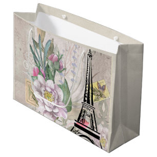 Vintage Flower Collage & Eiffel Tower Illustration Large Gift Bag