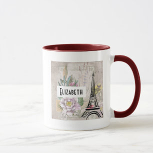 Vintage Flower Collage & Eiffel Tower Illustration Mug