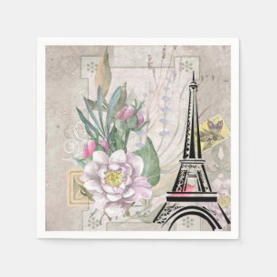 Vintage Flower Collage & Eiffel Tower Illustration Napkins