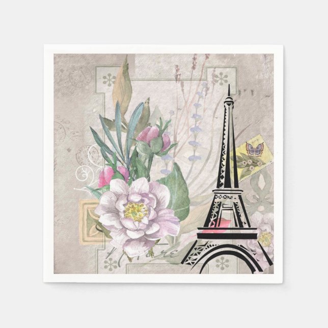 Vintage Flower Collage & Eiffel Tower Illustration Napkins (Front)