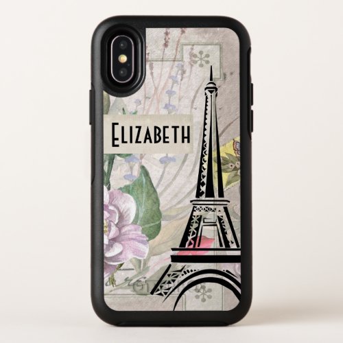 Vintage Flower Collage  Eiffel Tower Illustration OtterBox Symmetry iPhone X Case