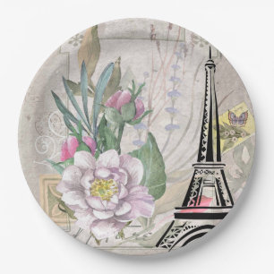 Vintage Flower Collage & Eiffel Tower Illustration Paper Plates