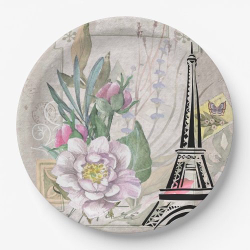 Vintage Flower Collage  Eiffel Tower Illustration Paper Plates
