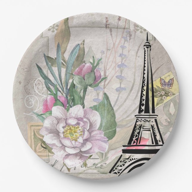 Vintage Flower Collage & Eiffel Tower Illustration Paper Plates (Front)