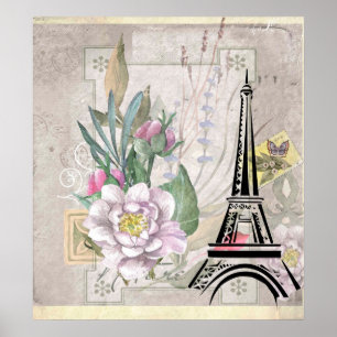 Vintage Flower Collage & Eiffel Tower Illustration Poster