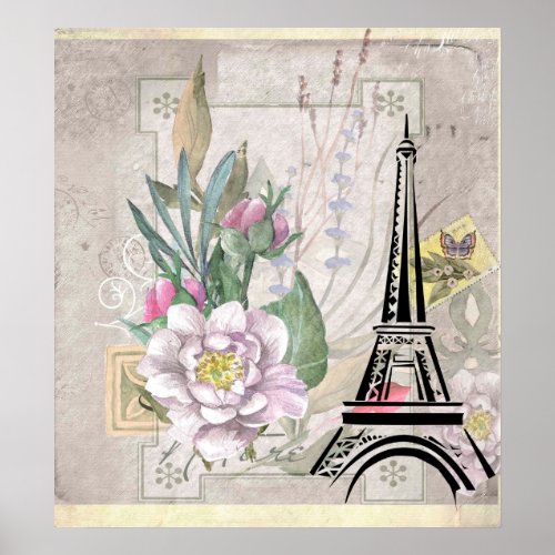 Vintage Flower Collage  Eiffel Tower Illustration Poster
