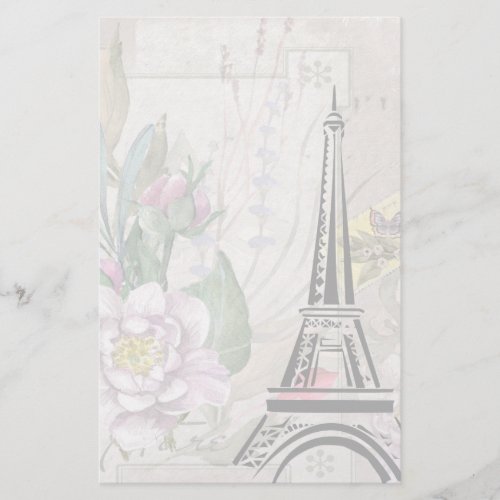 Vintage Flower Collage  Eiffel Tower Illustration Stationery